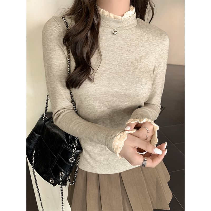 Long-Sleeve Mock Neck Lace Trim Slim Fit Tee SpreePicky