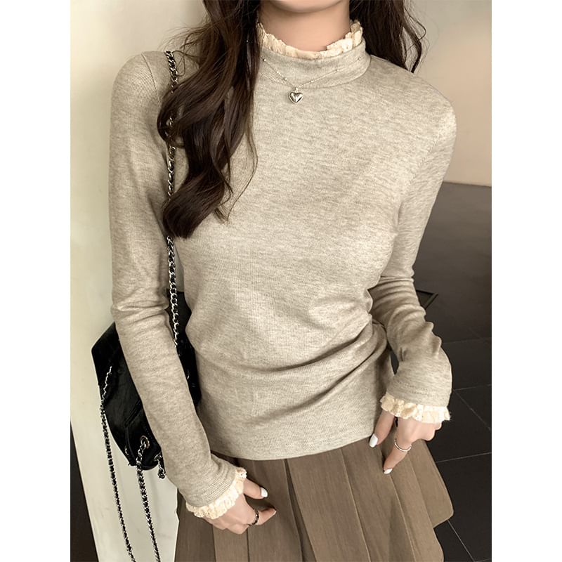 Long-Sleeve Mock Neck Lace Trim Slim Fit Tee SpreePicky