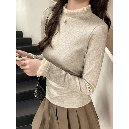 Long-Sleeve Mock Neck Lace Trim Slim Fit Tee SpreePicky