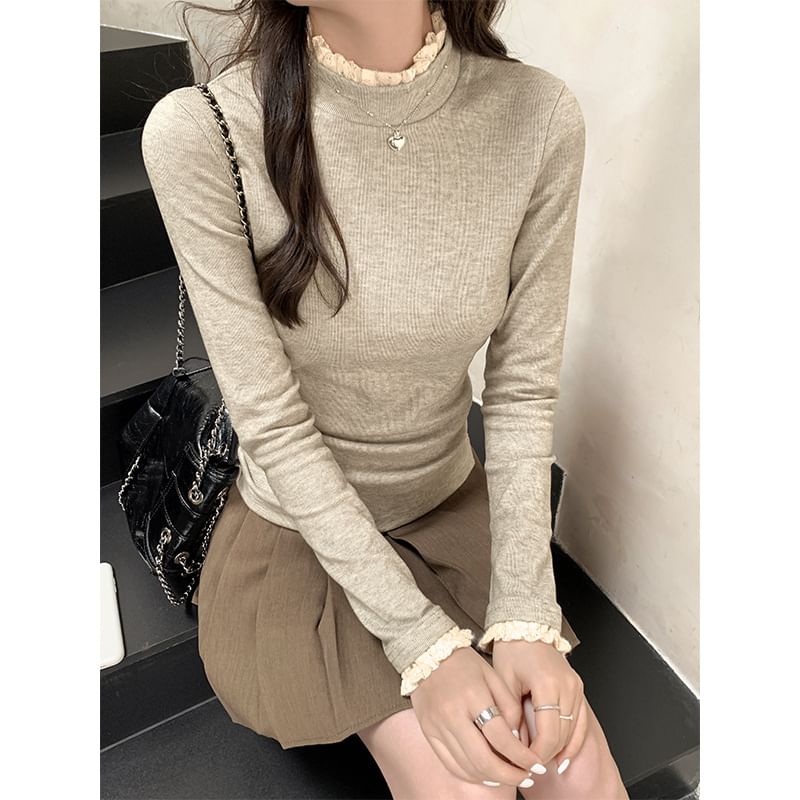 Long-Sleeve Mock Neck Lace Trim Slim Fit Tee SpreePicky