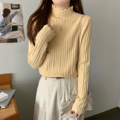 Long-Sleeve Mock Neck Plain Jacquard Lettuce Edge Knit Top SpreePicky