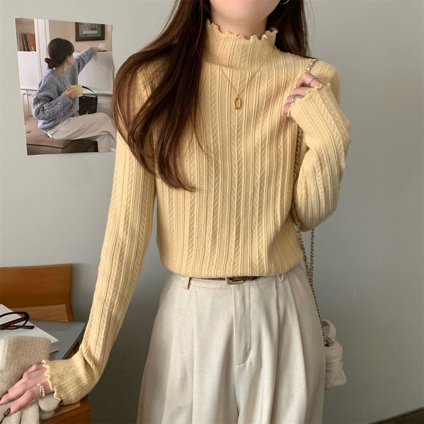 Long-Sleeve Mock Neck Plain Jacquard Lettuce Edge Knit Top SpreePicky