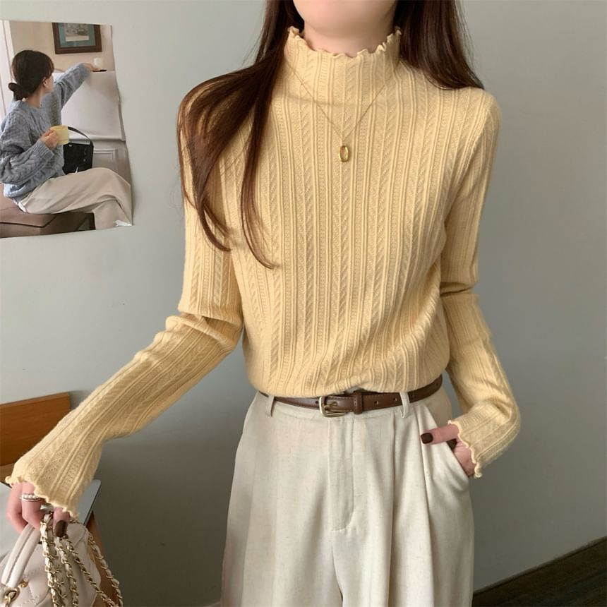 Long-Sleeve Mock Neck Plain Jacquard Lettuce Edge Knit Top SpreePicky