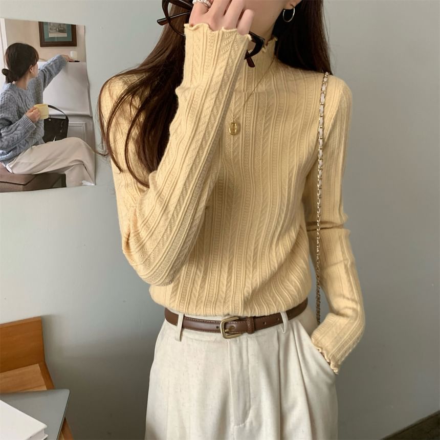 Long-Sleeve Mock Neck Plain Jacquard Lettuce Edge Knit Top SpreePicky