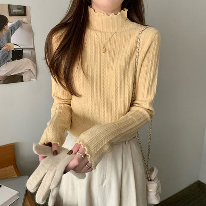 Long-Sleeve Mock Neck Plain Jacquard Lettuce Edge Knit Top SpreePicky