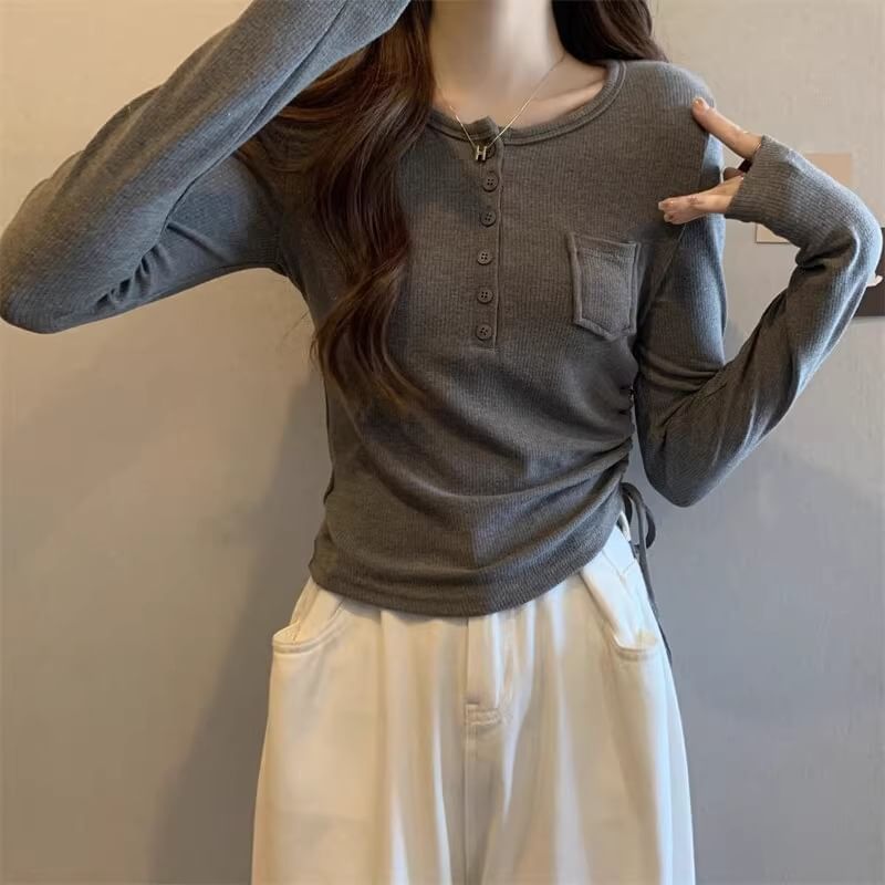 Long-Sleeve Half Buttoned Plain Top SpreePicky