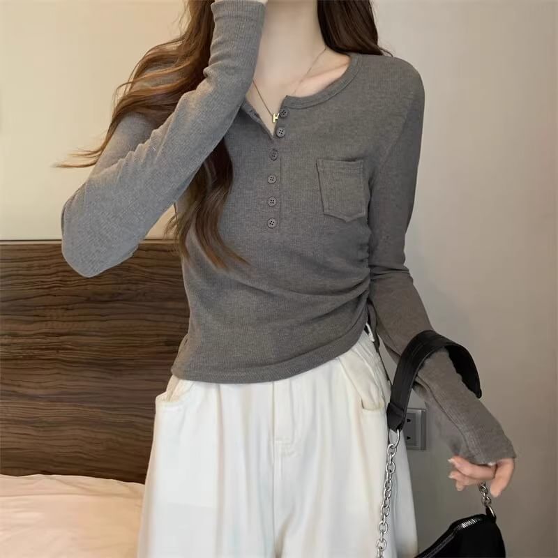 Long-Sleeve Half Buttoned Plain Top SpreePicky