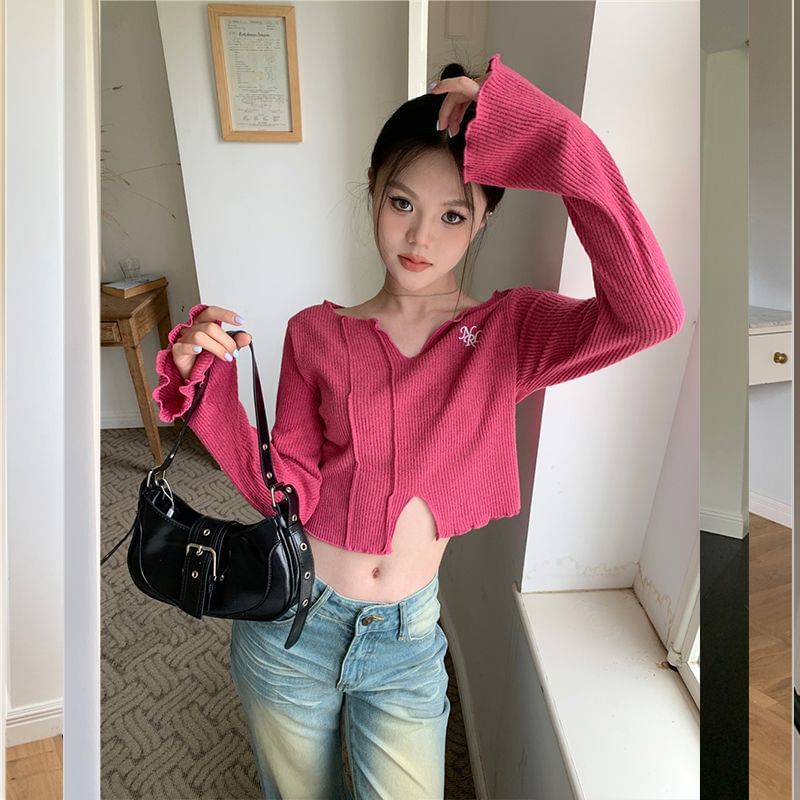 Long-Sleeve V-Neck Embroidered Crop Knit Top SpreePicky