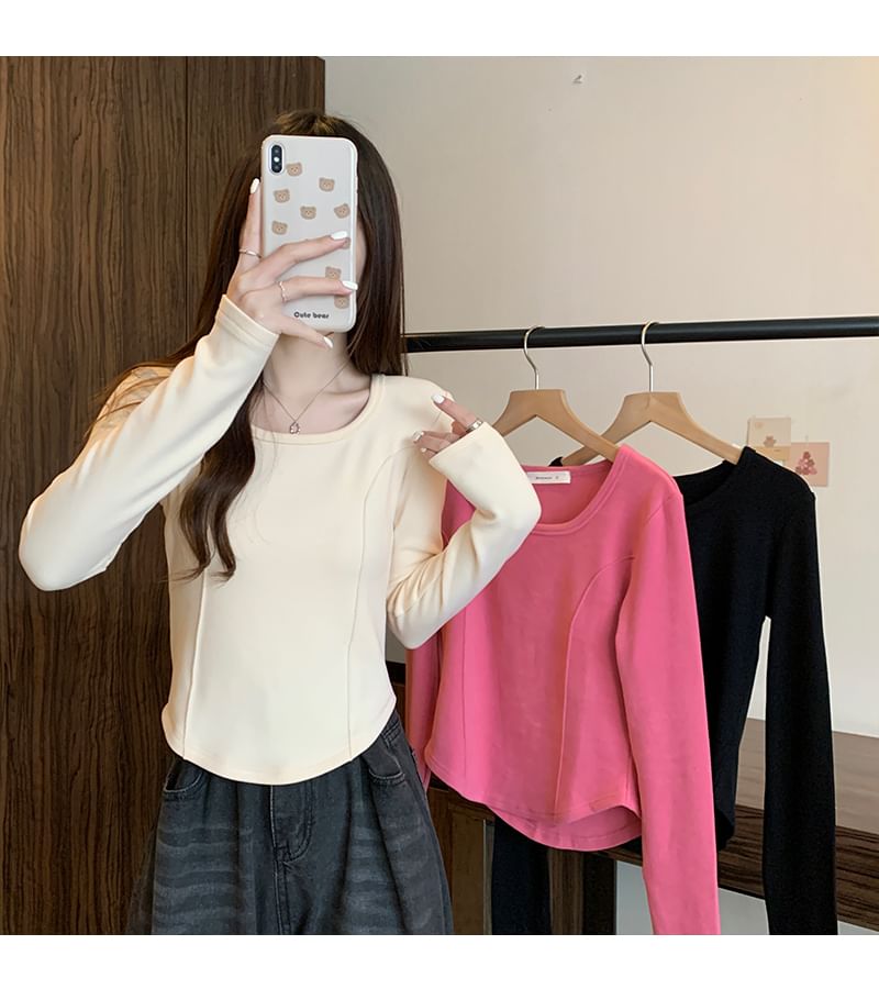 Long-Sleeve Square Neck Plain T-Shirt SpreePicky