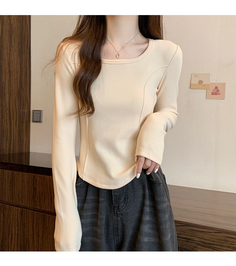 Long-Sleeve Square Neck Plain T-Shirt SpreePicky