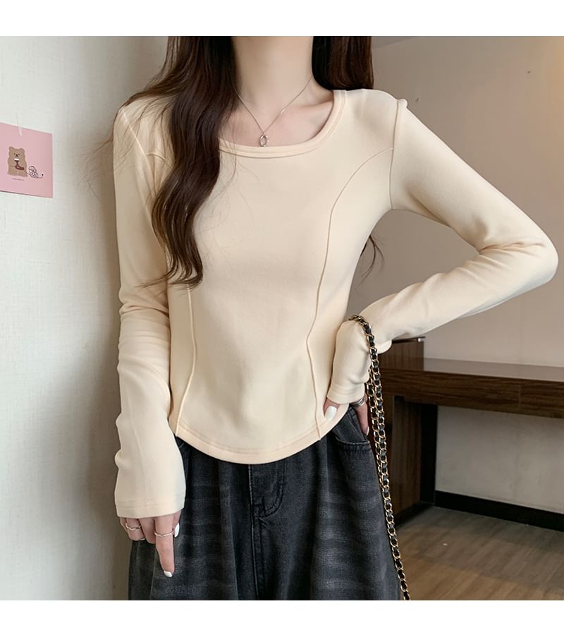 Long-Sleeve Square Neck Plain T-Shirt SpreePicky