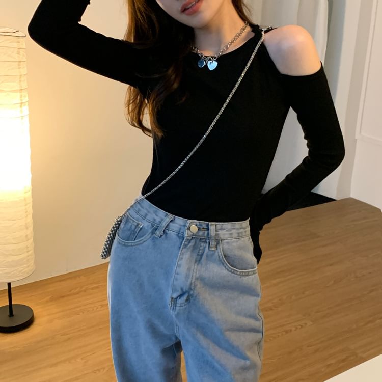 Long-Sleeve Cold Shoulder Plain Crop Top SpreePicky