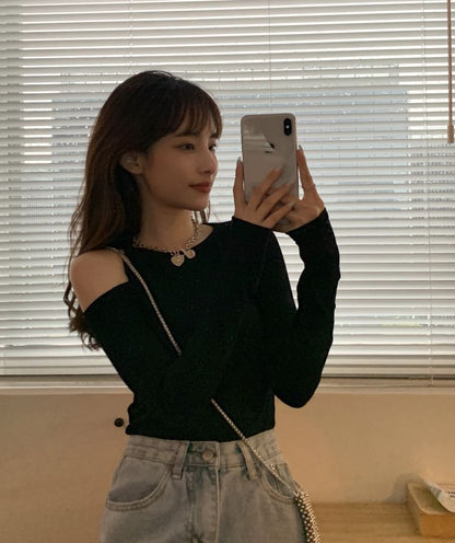 Long-Sleeve Cold Shoulder Plain Crop Top SpreePicky