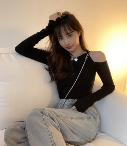 Long-Sleeve Cold Shoulder Plain Crop Top SpreePicky