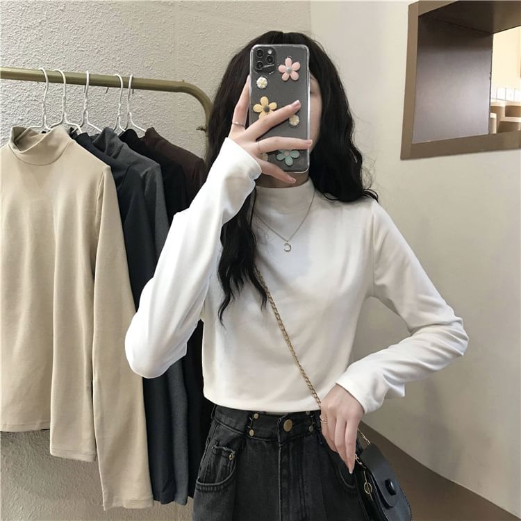 Long-Sleeve Mock Neck Plain T-Shirt SpreePicky