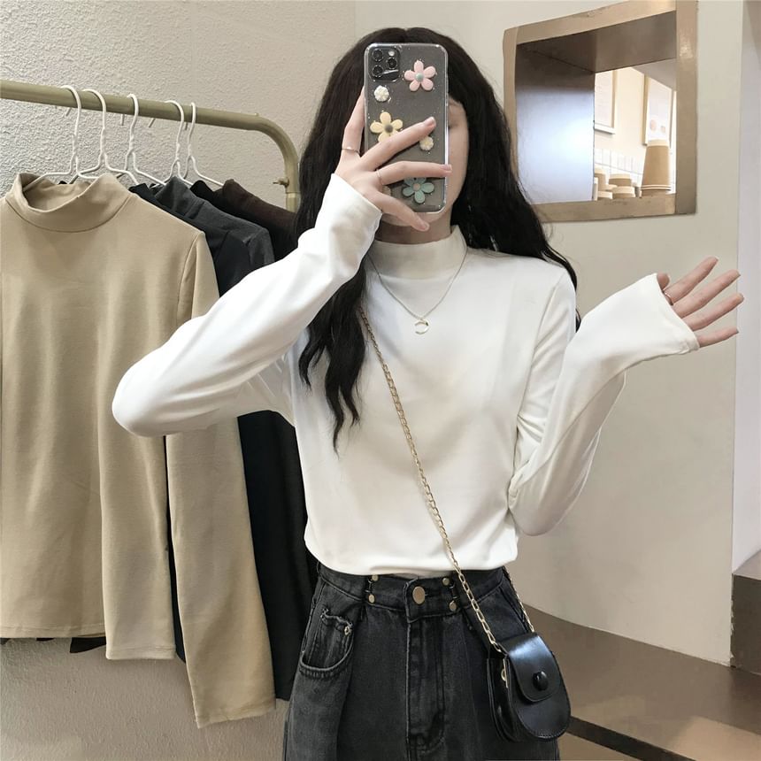 Long-Sleeve Mock Neck Plain T-Shirt SpreePicky