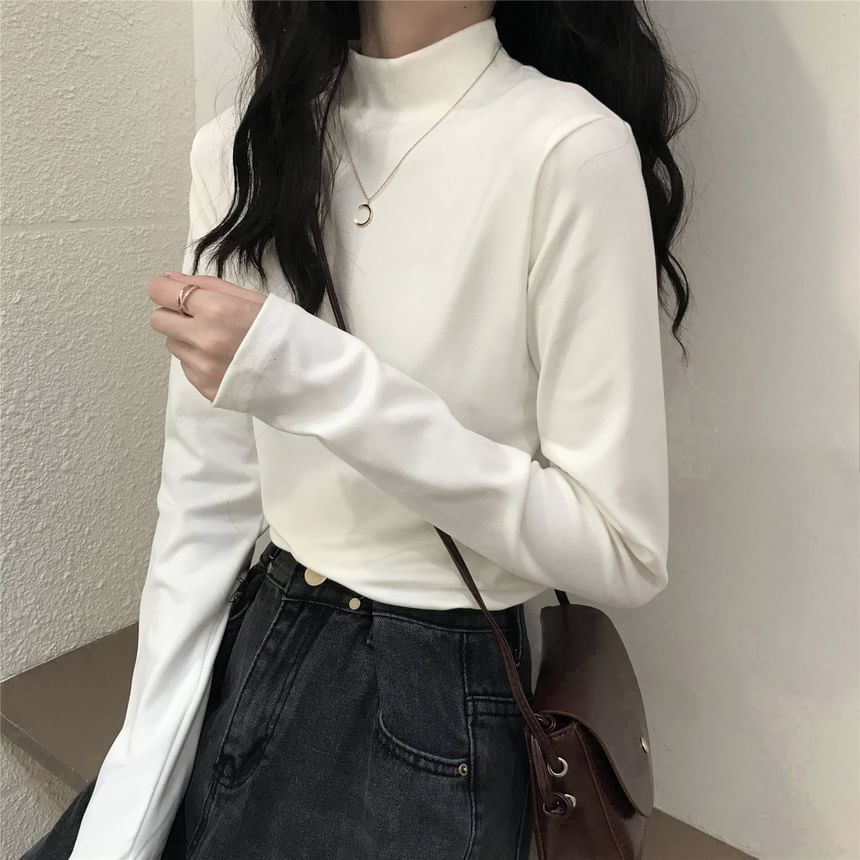 Long-Sleeve Mock Neck Plain T-Shirt SpreePicky