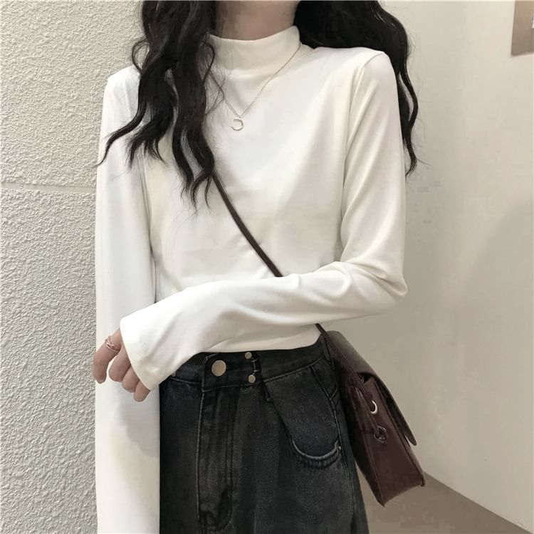 Long-Sleeve Mock Neck Plain T-Shirt SpreePicky