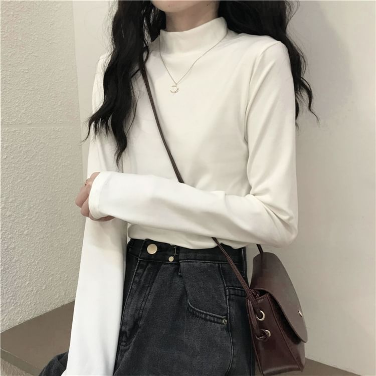 Long-Sleeve Mock Neck Plain T-Shirt SpreePicky