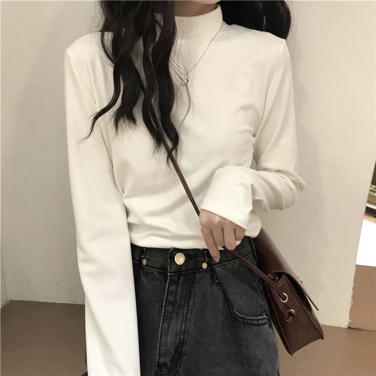 Long-Sleeve Mock Neck Plain T-Shirt SpreePicky