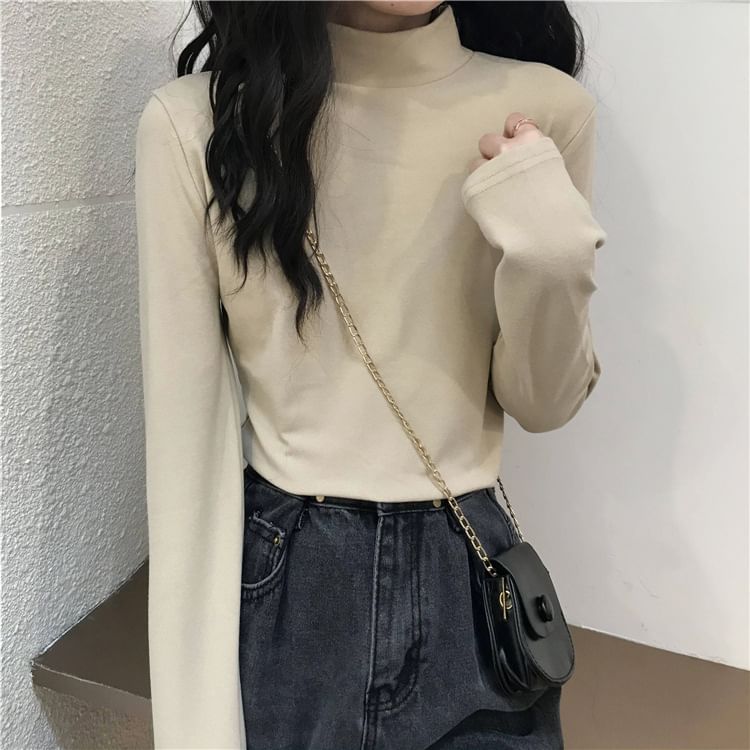 Long-Sleeve Mock Neck Plain T-Shirt SpreePicky