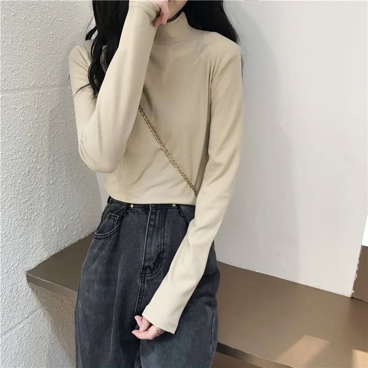 Long-Sleeve Mock Neck Plain T-Shirt SpreePicky