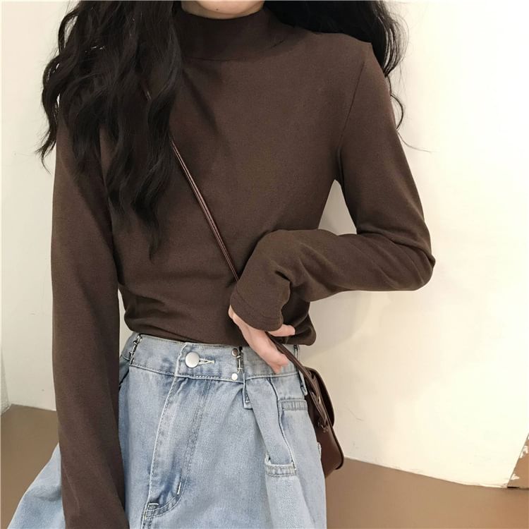 Long-Sleeve Mock Neck Plain T-Shirt SpreePicky