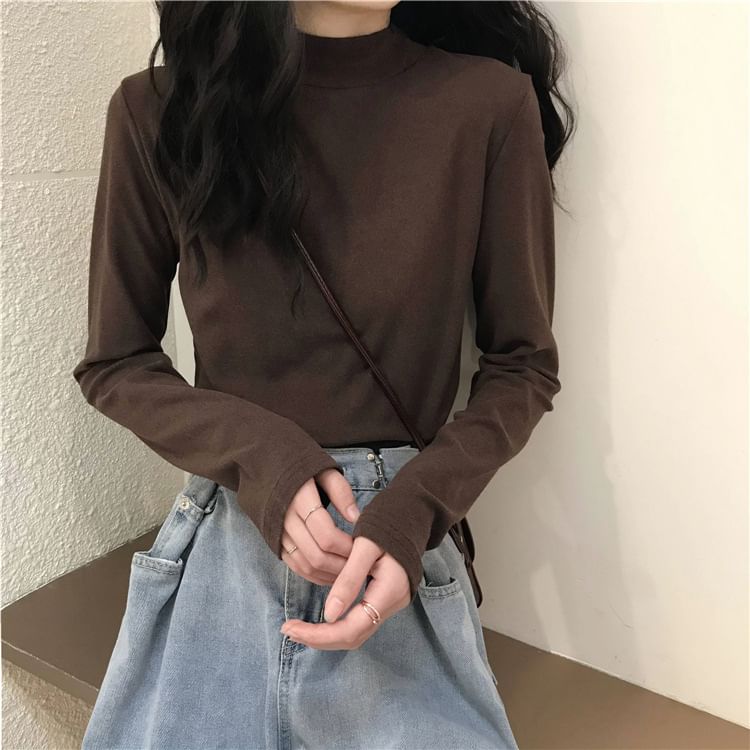 Long-Sleeve Mock Neck Plain T-Shirt SpreePicky