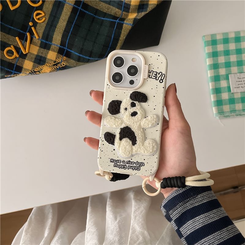 Dog Embroidered Phone Case / Strap / Set - iPhone 16 Pro Max / 16 Pro / 16 Plus / 16 / 15 Pro Max / 15 Pro / 15 Plus / 15 / 14 Pro Max / 14 Pro / 14 Plus / 14 / 13 Pro Max / 13 Pro / 13 SpreePicky