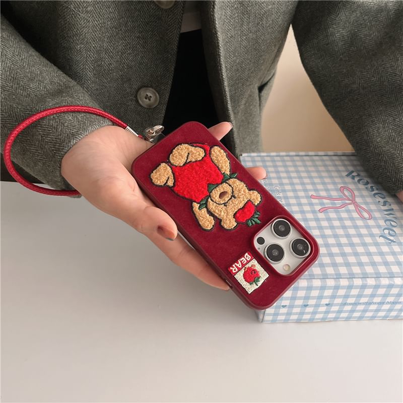 Strawberry Bear Embroidered Phone Case / Strap / Set - iPhone 16 Pro Max / 16 Pro / 16 Plus / 16 / 15 Pro Max / 15 Pro / 15 Plus / 15 / 14 Pro Max / 14 Pro / 14 Plus / 14 / 13 Pro Max / 13 Pro / 13 SpreePicky