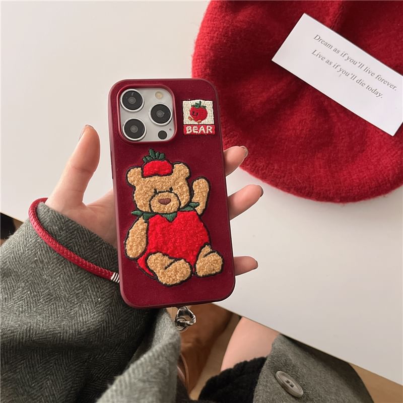 Strawberry Bear Embroidered Phone Case / Strap / Set - iPhone 16 Pro Max / 16 Pro / 16 Plus / 16 / 15 Pro Max / 15 Pro / 15 Plus / 15 / 14 Pro Max / 14 Pro / 14 Plus / 14 / 13 Pro Max / 13 Pro / 13 SpreePicky