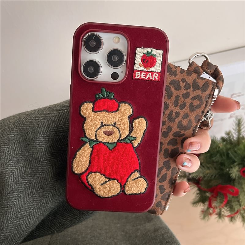 Strawberry Bear Embroidered Phone Case / Strap / Set - iPhone 16 Pro Max / 16 Pro / 16 Plus / 16 / 15 Pro Max / 15 Pro / 15 Plus / 15 / 14 Pro Max / 14 Pro / 14 Plus / 14 / 13 Pro Max / 13 Pro / 13 SpreePicky