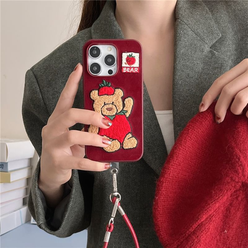 Strawberry Bear Embroidered Phone Case / Strap / Set - iPhone 16 Pro Max / 16 Pro / 16 Plus / 16 / 15 Pro Max / 15 Pro / 15 Plus / 15 / 14 Pro Max / 14 Pro / 14 Plus / 14 / 13 Pro Max / 13 Pro / 13 SpreePicky