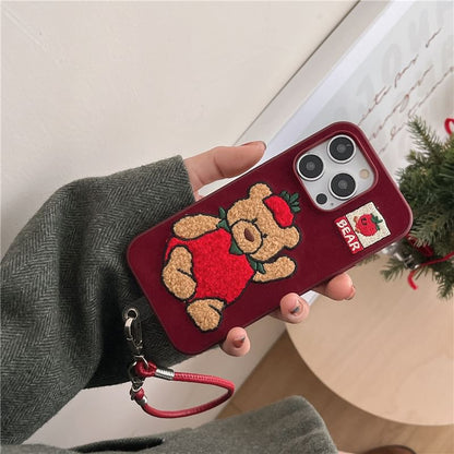 Strawberry Bear Embroidered Phone Case / Strap / Set - iPhone 16 Pro Max / 16 Pro / 16 Plus / 16 / 15 Pro Max / 15 Pro / 15 Plus / 15 / 14 Pro Max / 14 Pro / 14 Plus / 14 / 13 Pro Max / 13 Pro / 13 SpreePicky