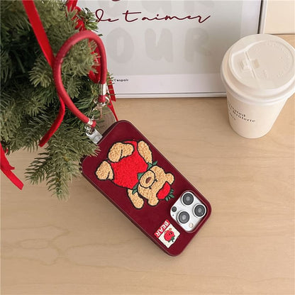 Strawberry Bear Embroidered Phone Case / Strap / Set - iPhone 16 Pro Max / 16 Pro / 16 Plus / 16 / 15 Pro Max / 15 Pro / 15 Plus / 15 / 14 Pro Max / 14 Pro / 14 Plus / 14 / 13 Pro Max / 13 Pro / 13 SpreePicky