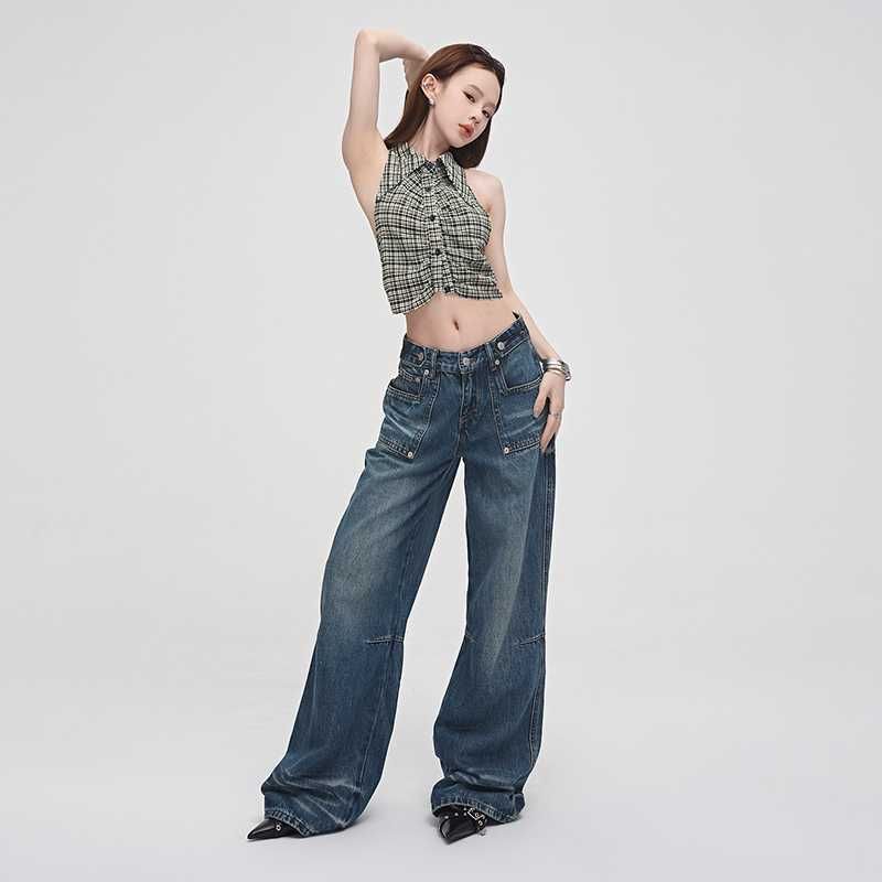 Low Rise Washed Straight-Fit Wide-Leg Jeans SpreePicky