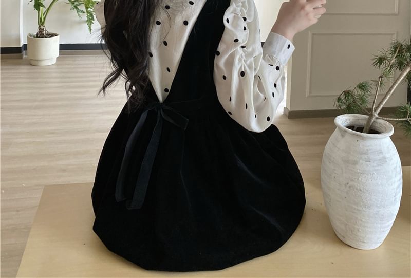 Long-Sleeve Crew Neck Dotted Blouse / Square Neck Plain Velvet Mini A-Line Jumper Dress SpreePicky