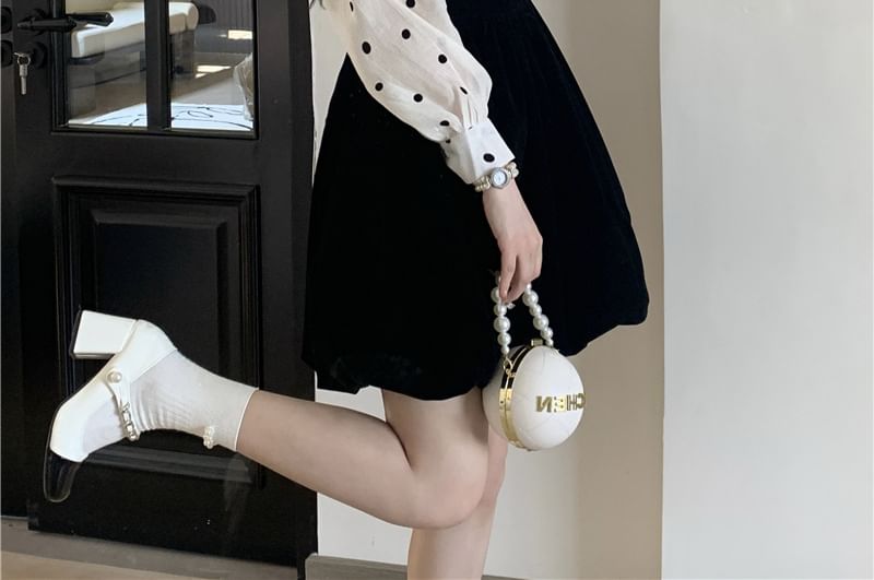 Long-Sleeve Crew Neck Dotted Blouse / Square Neck Plain Velvet Mini A-Line Jumper Dress SpreePicky