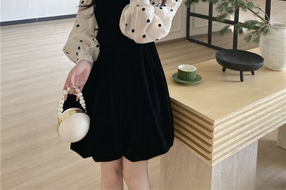 Long-Sleeve Crew Neck Dotted Blouse / Square Neck Plain Velvet Mini A-Line Jumper Dress SpreePicky