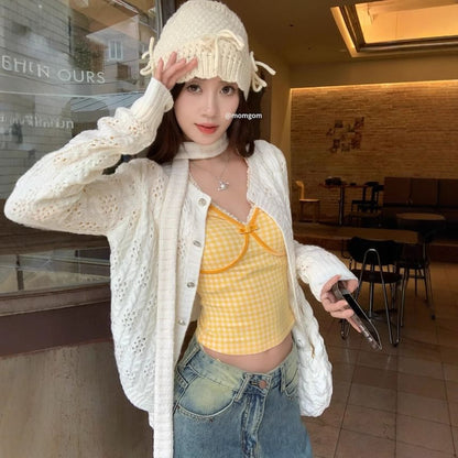 Long-Sleeve V-Neck Gingham Lace Trim Crop T-Shirt / Round Neck Plain Perforated Button-Up Cardigan / Skinny Scarf / Set SpreePicky