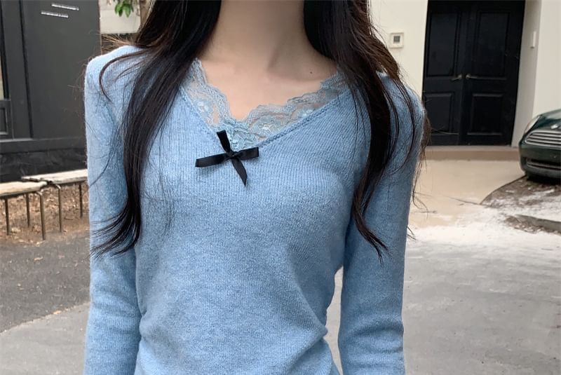 Long-Sleeve V-Neck Plain Bow Accent Lace Trim Slim Fit Knit Top SpreePicky