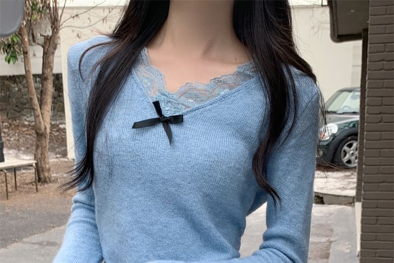 Long-Sleeve V-Neck Plain Bow Accent Lace Trim Slim Fit Knit Top SpreePicky