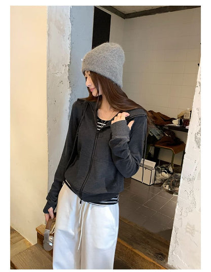 Plain Drawstring Zip-Up Hoodie SpreePicky