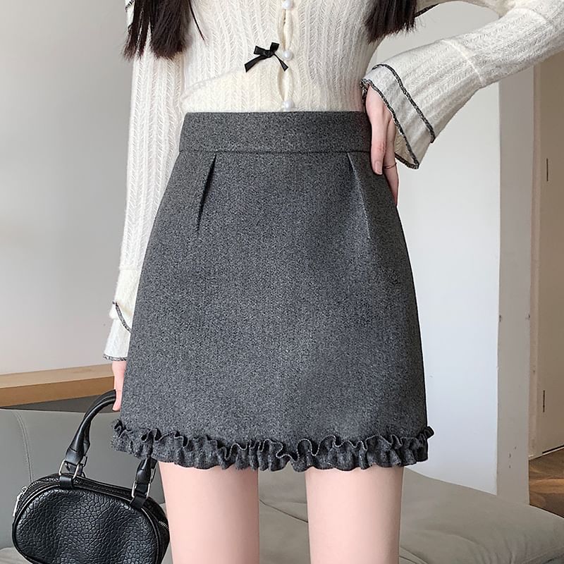 High Waist Plain Frill Trim Mini A-Line Skirt SpreePicky