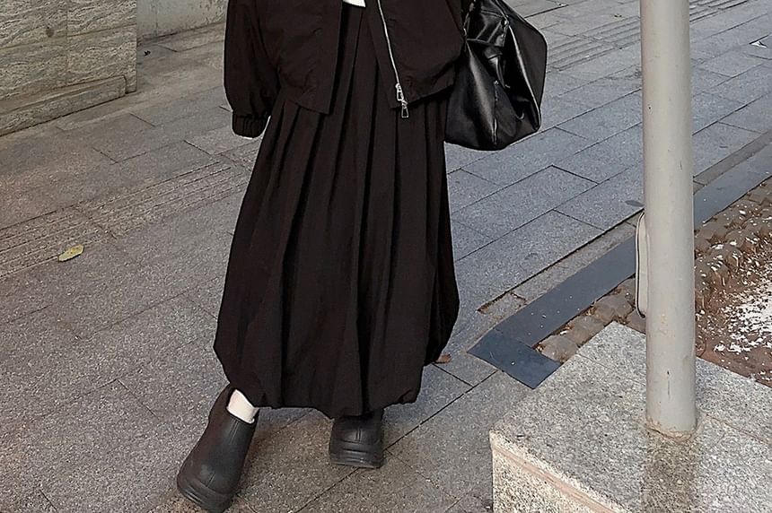 Plain Zip-Up Bomber Jacket / High Rise Pleated Maxi A-Line Skirt SpreePicky