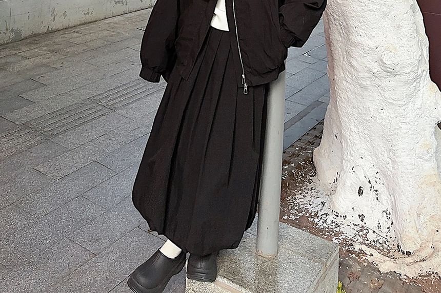 Plain Zip-Up Bomber Jacket / High Rise Pleated Maxi A-Line Skirt SpreePicky