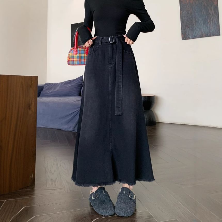 Set: High Waist Washed Frayed Denim Maxi A-Line Skirt + Belt SpreePicky