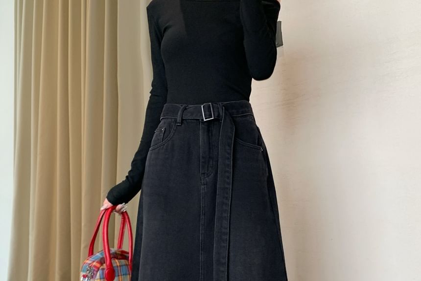 Set: High Waist Washed Frayed Denim Maxi A-Line Skirt + Belt SpreePicky