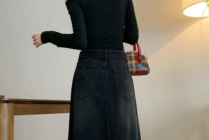 Set: High Waist Washed Frayed Denim Maxi A-Line Skirt + Belt SpreePicky