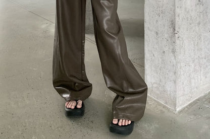 High Waist Plain Faux Leather Wide Leg Pants SpreePicky